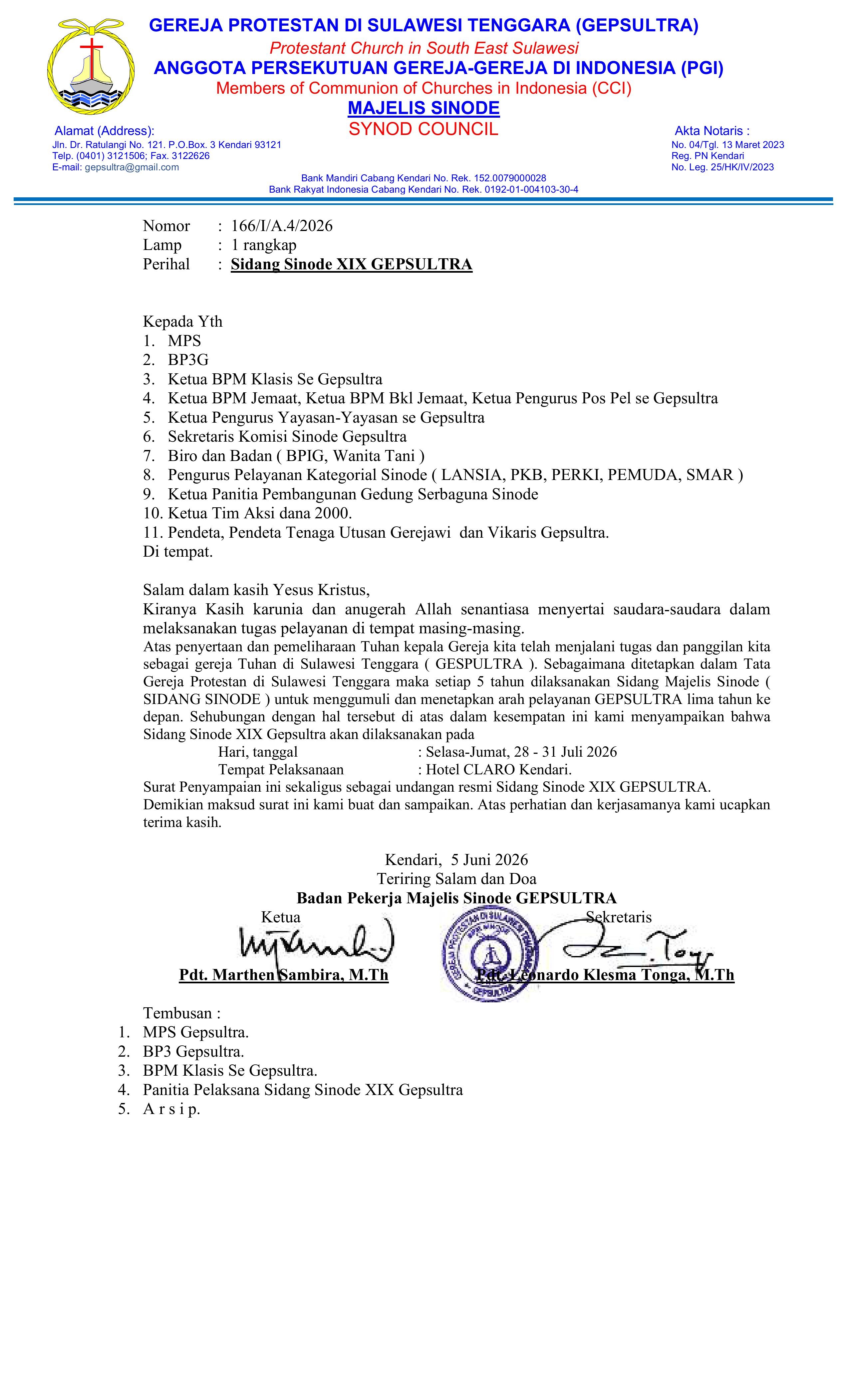 INFORMASI TENTANG SIDANG SINODE GEPSULTRA KE XIX 